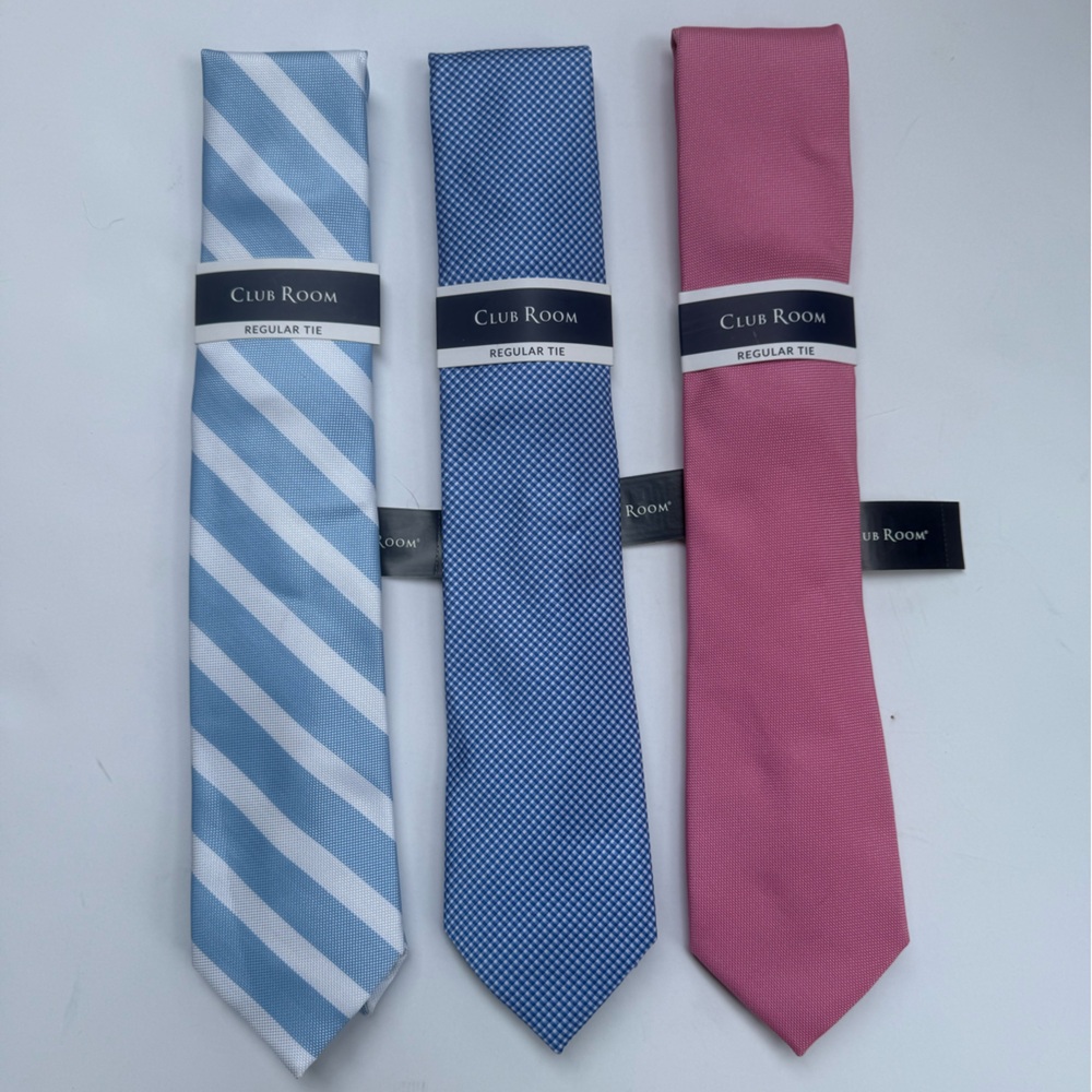 Club Room Men's Tie Trio - Striped Blue, Patterned Blue, Solid Pink - 3 for $35